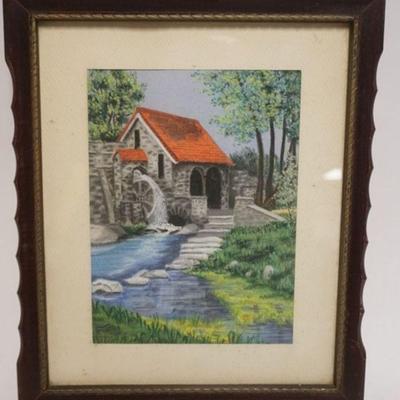 1030	FRAMED PASTEL OF STONE MILL AND WATER WHEEL, TITLED *A SHOW PLACE* COBBS CREEK PHILADELPHIA PA, TRENTON NJ ARTIST SIGNED MATILDA...