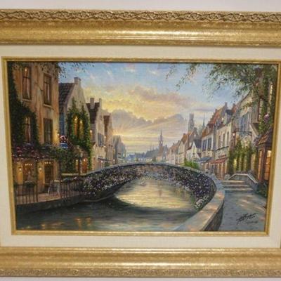 1046	OIL PAINTING ON CANVAS, CONTINENTAL STREET SCENE, ARTIST SIGNED
