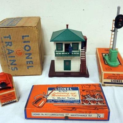 1063	LIONEL TRAINS, #445 OPERATING SWITCH TOWER, #927 MAINTENANCE KIT, #153 AUTO SIGNAL CONTROL AND #260 BUMPER
