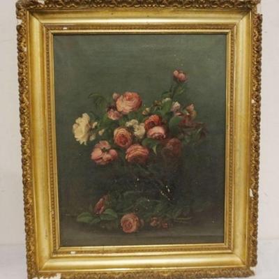 1037	ANTIQUE OIL PAINTING ON CANVAS, STILL LIFE OF ROSES, APPROXIMATELY 21 IN X 25 IN OVERALL, SOME LOSS TO PAINT AND FRAME
