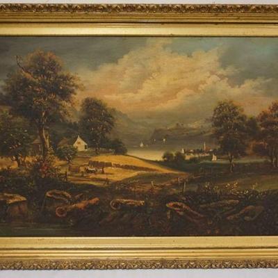 1038	LARGE ANTIQUE OIL PAINTING ON CANVAS, IMAGE OF A FARM & COTTAGE ALONG LAKE SHORE, APPROXIMATELY 47 IN X 32 IN OVERALL
