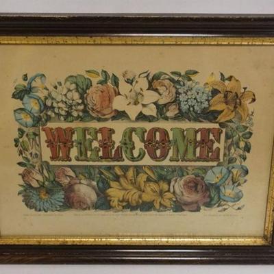 1036	FRAMED ANTIQUE COLORED LITHOGRAPH *WELCOME*, CURRIER & IVES, APPROXIMATELY 18 1/2 IN X 14 1/2 IN OVERALL
