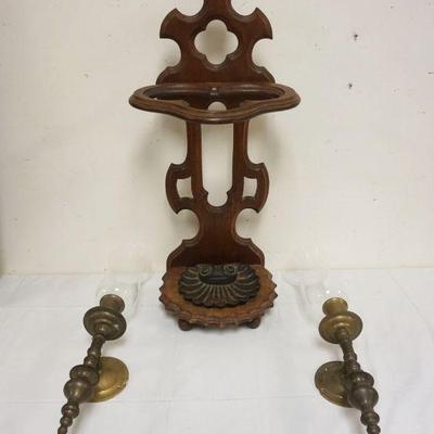 1013	WALNUT UMBRELLA STAND W/CAST IRON BASE INSERT & 2 BRASS WALL HURRICANE CANDLE SCONCES W/GLASS SHADES, LARGEST APPROXIMATELY 13...