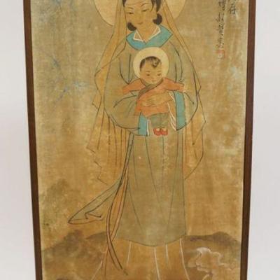 1025	FRAMED ASIAN PAINTING, WOMAN W/CHILD, SOME LOSS TO TOP, APPROXIMATELY 14 IN X 30 IN OVERALL
