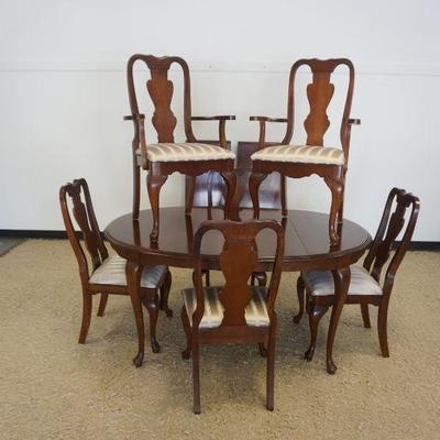 1208	BROYHILL CHERRY DINING TABLE WITH 2 LEAVES AND 6 CHAIRS, TABLE APPROXIMATELY 62 IN X 44 IN X 30 IN H, LEAVES EACH 18 IN W 
