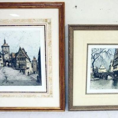 1051	2 ARTIST SIGNED ENGRAVINGS, CONTINENTAL SCENES, LARGEST APPROXIMATELY 20 IN X 24 IN OVERALL
