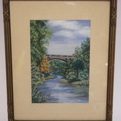 1031	FRAMED PASTEL OF STONE ARCHED BRIDGE OVER RIVER, TITLED *ALONG THE WISSAHICKORY PHILADELPHIA, PA*, ASTIST SIGNED MATILDA TILTON,...