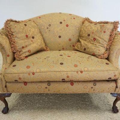 1173	SHERRILL UPHOLSTERED LOVE SEAT WITH CRAVED BALL AND CLAW FOOT LEGS, APPROXIMATELY 60 IN X 33 IN X 38 IN H
