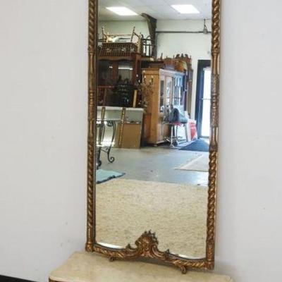 1172	PIER MIRROR WITH MARBLE TOP BASE, MIRROR FRAME WITH TURNED HALF COLUMNS AND SHELL CREST, MIRROR APPROXIMATELY 26 IN X 67 IN, BASE...