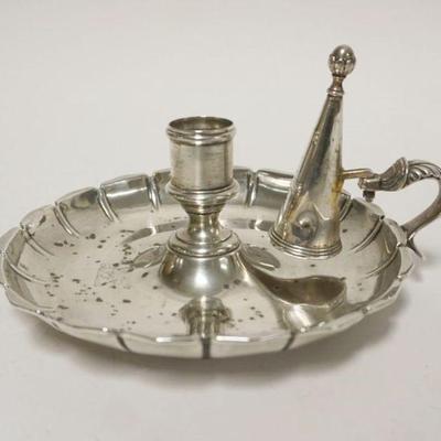 1100	STERLING SILVER CANDLE NAPPY WITH SNUFFER, TOUCH MARKS ON BASE, 11.4 TOZ
