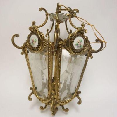 1216	HANGING BRASS CHANDELIER W/ETCHED GLASS PANELS & PORCELAIN FLORAL ROSETTES, APPROXIMATELY 12 IN X 19 IN HIGH
