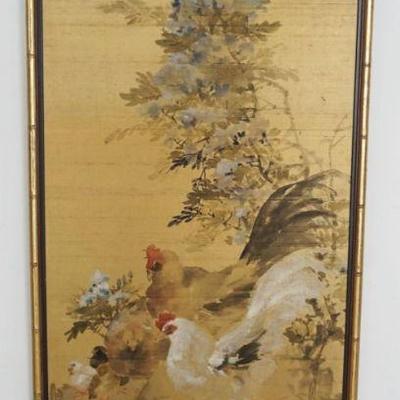 1026	LARGE ASIAN FRAMED PAINTING, ROOSTER W/HEN & CHICKS, APPROXIMATELY 23 IN X 50 IN OVERALL
