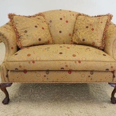 1174	SHERRILL UPHOLSTERED LOVE SEAT WITH CRAVED BALL AND CLAW FOOT LEGS, APPROXIMATELY 60 IN X 33 IN X 38 IN H

