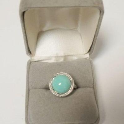 1106	14K WHITE GOLD LADIES RING WITH TURQUOISE TYPE STONE, RING MARKED FP 14K, APPROXIMATE SIZE 6 3/4, 3.38 DWT INCLUDING STONE
