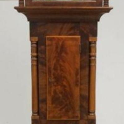 1168	ANTIQUE EMPIRE TALL CASE CLOCK WITH MOON DIAL, APPROXIMATELY 11 IN X 23 IN X 97 IN H
