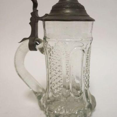 1009	ANTIQUE PRESSED GLASS STEIN W/PEWTER TOP AND RUBY BULLSEYE CENTER
