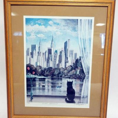 Sale Photo Thumbnail #50: 1050	FRAMED PRINT, CAT PEERING OUT WINDOW, TITLED *QUIET AFTERNOON*, SIGNED E FREYMAN, #20/950, APPROXIMATELY 18 IN X 22 IN OVERALL
