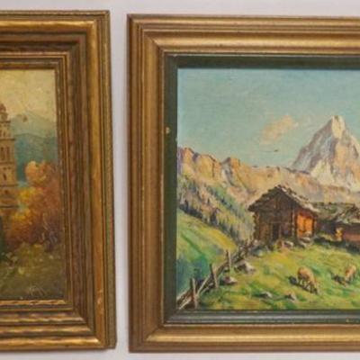 1045	2 OIL PAINTINGS ON BOARD, EACH DEPICTING CONTINENTAL SCENES, BOTH ARTIST SIGNED, LARGEST APPROXIMATELY 10 IN X 11 IN OVERALL
