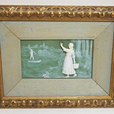 1005	FRAMED GREEN JASPERWARE PANEL DEPICTING A WOMAN ON THE SHORE WAVING TO A MAN IN A BOAT, APPROXIMATELY 11 IN X 14 IN OVERALL
