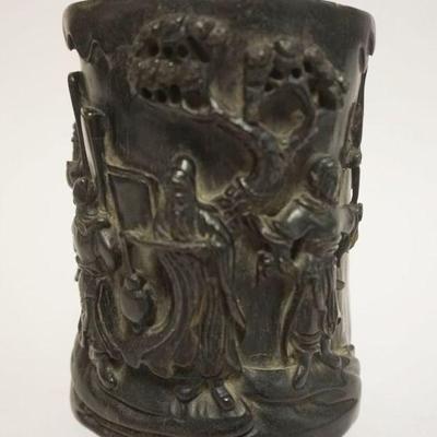 1019	CHINESE CARVED WOODEN BRUSH POT, APPROXIMATELY 5 IN X 6 IN HIGH
