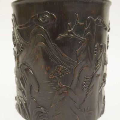 1018	CHINESE CARVED WOODEN BRUSH POT, APPROXIMATELY 7 IN X 8 IN HIGH
