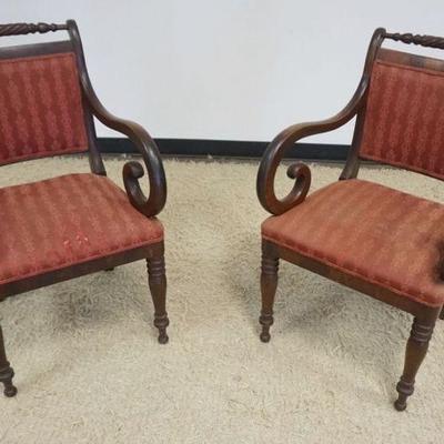 1163	PAIR OF EMPIRE SCROLLED ARM CHAIR WITH UPHOLSTERD SEATS AND BACKS, SOME VENEER LOSS TO SIDE, EACH APPROXIMATELY 22 IN X 20  IN X 30...