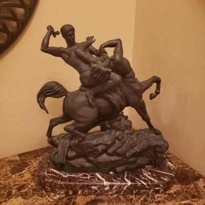 Bronze sculpture on marble base "Theseus Fighting the Centaur Bianor" (Antoine-Louis Barye, Ferdinand Barbedienne)