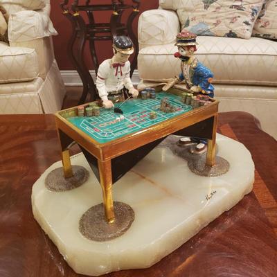 Ron Lee's World of Clowns - "Craps". Metal, plated in 24k gold and enamel. Mounted on imported onyx. Finely detailed.