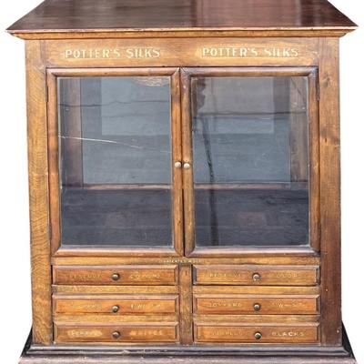 Antique Potters Silks " The Winsted Silk Co. " Oak And Glass 6-drawer Display Cabinet 