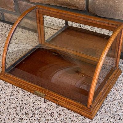 Antique J. Riswig Chicago Country Store Oak And Curved Glass Front Table Top Display Cabinet With Mirror Back