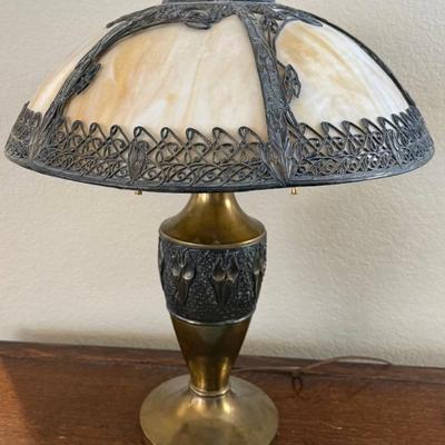 Antique Art Nouveau Butterscotch Slag Glass Bronze And Brass Double Pull Table Lamp With Matching Base