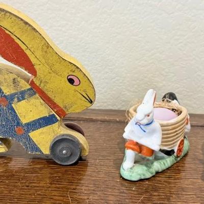 Antique Wooden Rabbit Pull Toy, (2) Japan Easter Bunny Egg Carts
