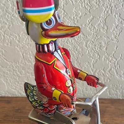 Vintage Blic 8" Tin Wind Up  Duck On Bike With Key