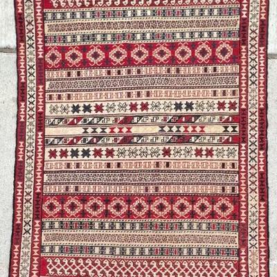 Vintage 45.5 X 76 Inch Woven Silk Geometric Kilim Rug With Fringe