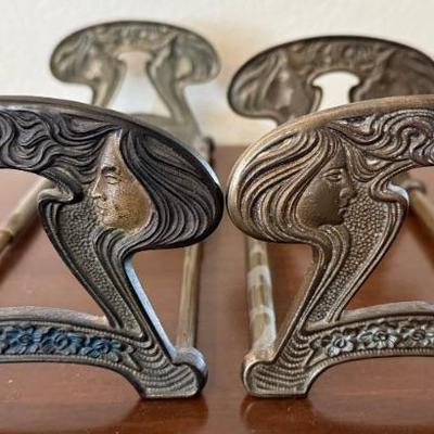 Pair Of Antique 1910 Art Nouveau Solid Brass Female Figure Sliding Book Ends No. 9759