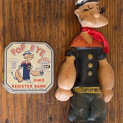 Vintage King Feats 1935 Rubber Popeye Figurine And 1929 Dime Register Bank
