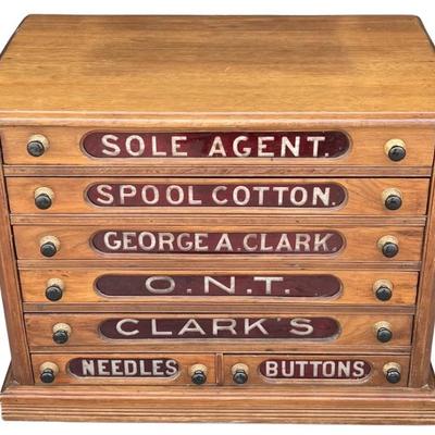 Antique George A. Clark 7 Drawer Thread Cabinet With Original Red Glass Fronts- O. N. T. Clark's Spool Cotton