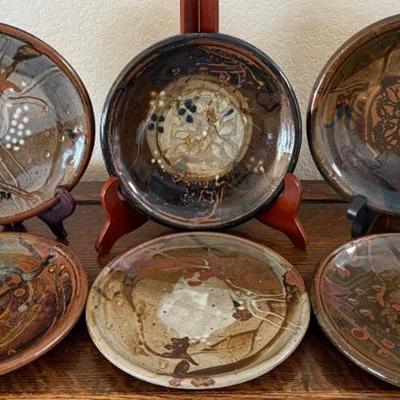 (6) MCM Plum Tree Pottery John Glick Hand Thrown Pottery 7.75" Side Plates
