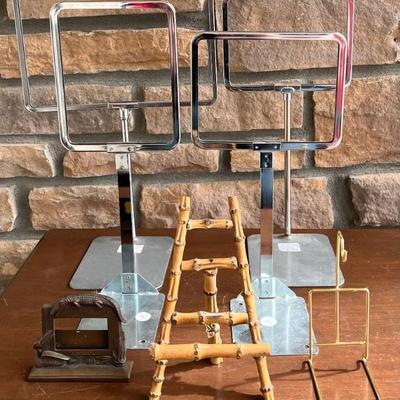 Stand Lot - (4) Stainless Sign Holders, Bamboo Plate Stand, Brass Cup And Saucer Stand, Card Holder