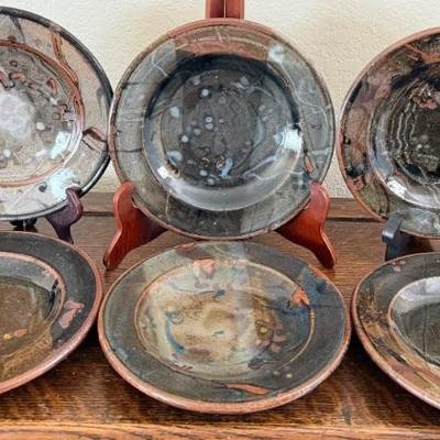 (6) MCM Plum Tree Pottery John Glick Hand Thrown Pottery 7.75" Rimmed Side Plates