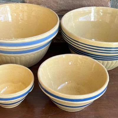 (4) Assorted Vintage And Antique Stoneware Blue Band Mixing Bowls - (1) Ovenware