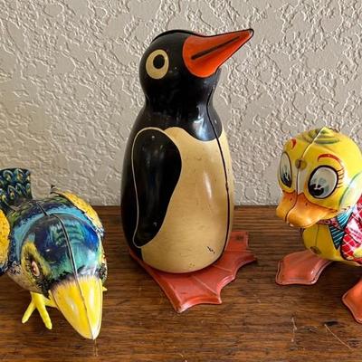 Vintage Tin Toy Lot - Penguin Coin Bank, Kohler Germany Bird, And Mikuni Japan Duck
