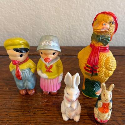 Vintage Japan Bisque Duck Figurine Set, Celluloid And Bisque Small Bunnies