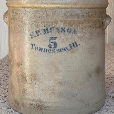 Antique E. P. Munson 5 Gallon Double Handled Stoneware Crock Tennessee  