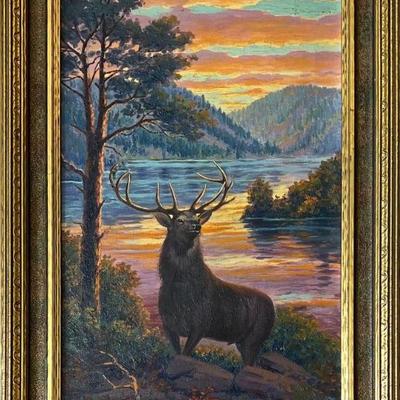 Gorgeous 1930's Original Elk In Mountain Landscape Sunset Painting On Canvas With Custom Gold Tone Frame As Is