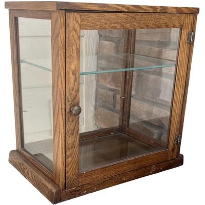 Antique Oak Glass Table Top Display Cabinet With 2 Glass Shelves And Original Latch