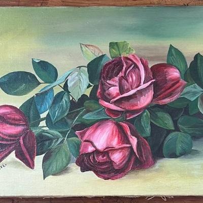 Vintage Original Rose Painting On Canvas Signed Mabel