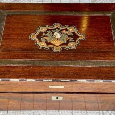 American Antique Rose Wood Lap Desk With Mother Of Pearl And Silver Inlay (as Is)