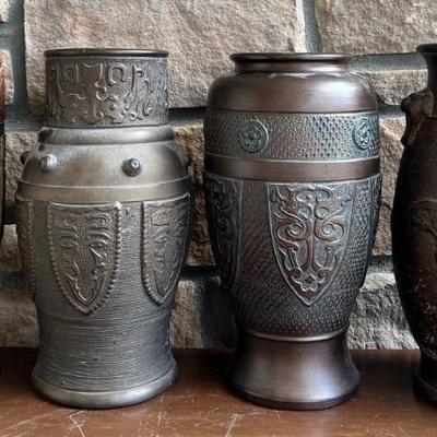 (3) Made In Japan Resin Bronze Tone Vases, (1) Made In Nippon