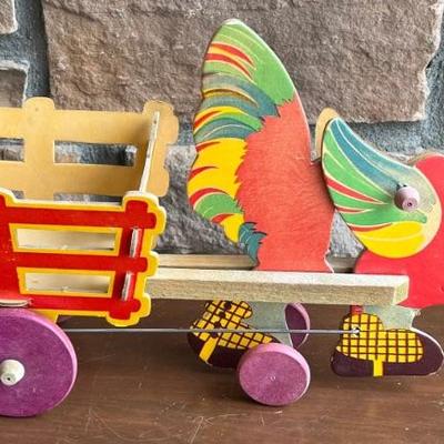 Vintage Wood And Cardboard Rooster And Cart Pull Toy